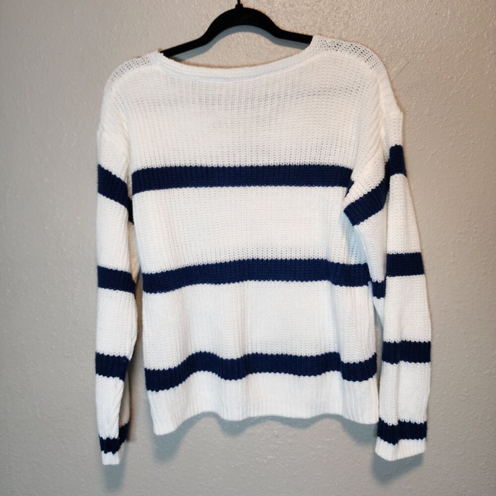 Coastal Nautical Navy & Cream Striped V-Neck Chunky Knit Sweater (Size S)